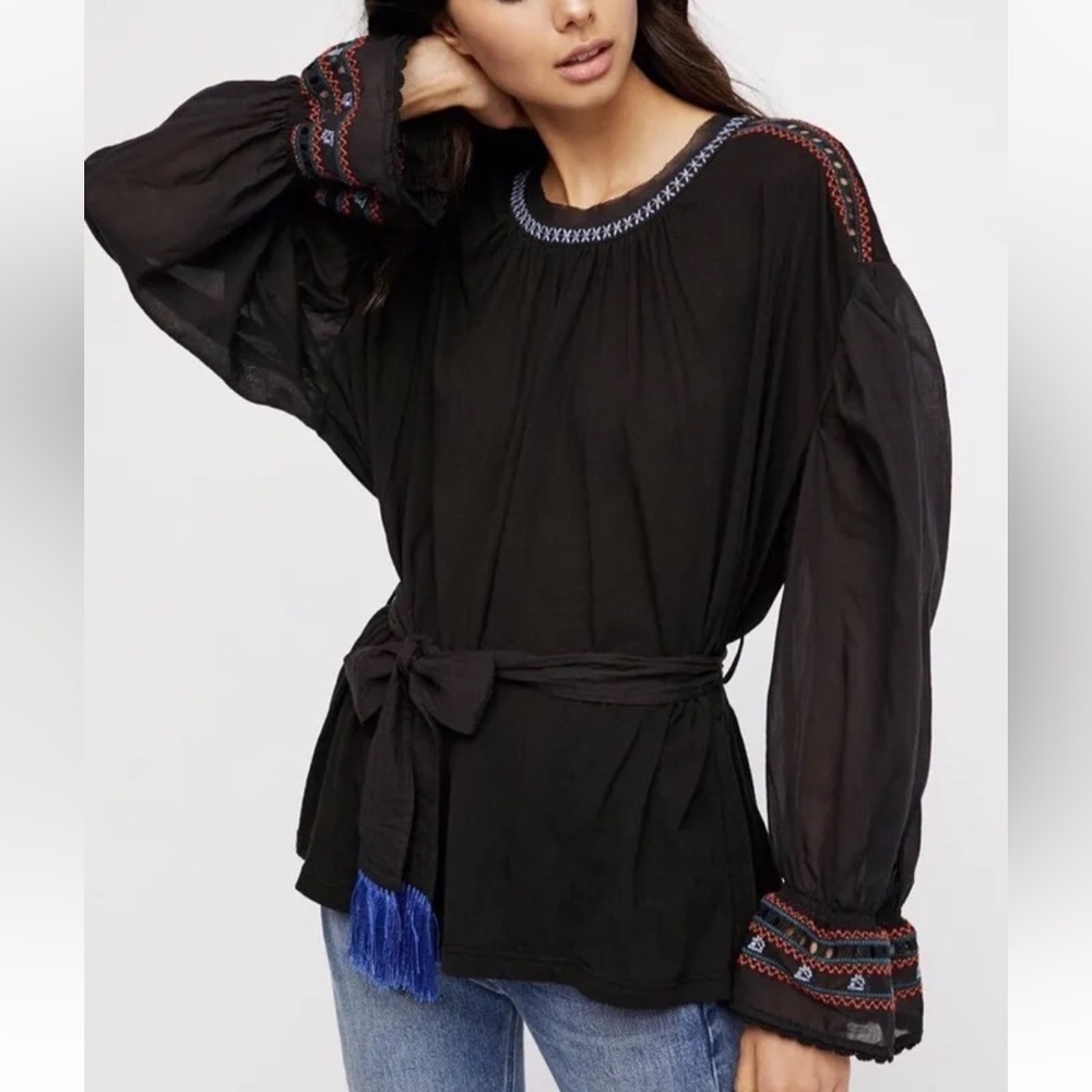 Free People On Holiday Embroidered Tunic Tribal Tassel Top Black